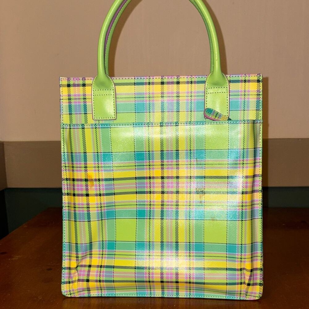 Baekgaard Pastel Green Leather Boxed Tote Clueless Acedemia Hardside Plaid - Picture 3 of 8